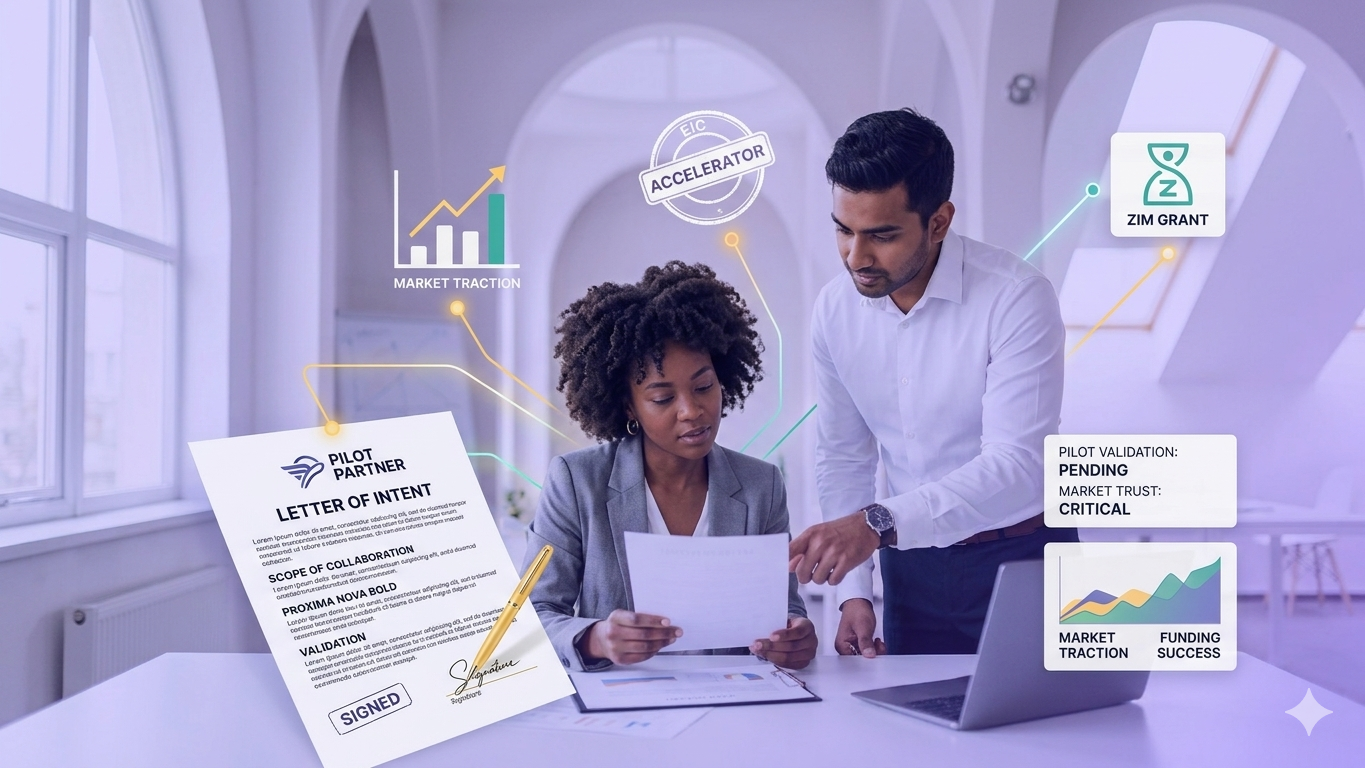 startup founder negotiating a pilot partnership with an established company, to prove market demand of the startup's innovation.